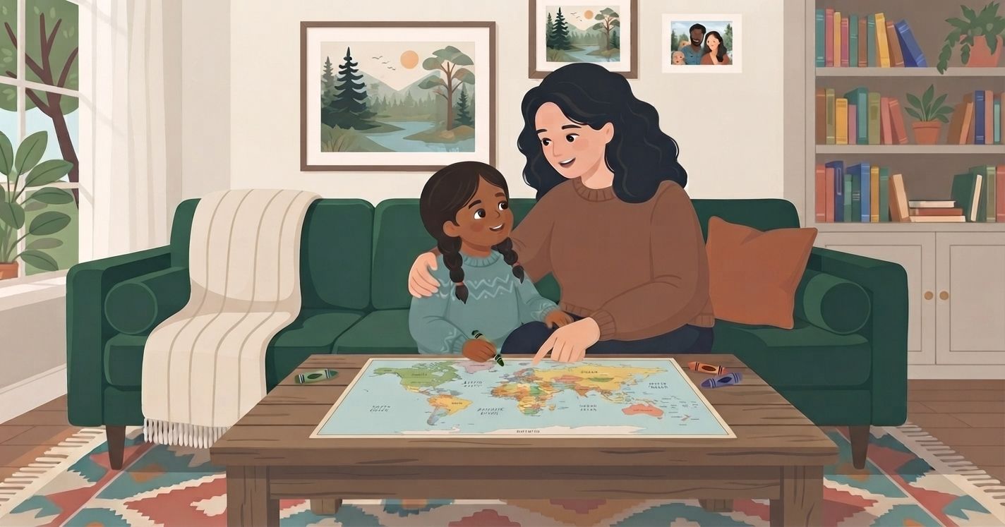 An illustration of a woman with dark wavy hair, wearing a brown sweater, sitting on a green velvet sofa with a young child who has braided pigtails and a patterned sweater. The child is holding a crayon, and the woman is pointing at a colorful world map spread out on a wooden coffee table in front of them. The background includes a window with a potted plant, a wall with framed landscape and family pictures, and a built-in bookshelf filled with books. A patterned rug is on the floor.