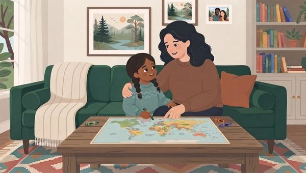 An illustration of a woman with dark wavy hair, wearing a brown sweater, sitting on a green velvet sofa with a young child who has braided pigtails and a patterned sweater. The child is holding a crayon, and the woman is pointing at a colorful world map spread out on a wooden coffee table in front of them. The background includes a window with a potted plant, a wall with framed landscape and family pictures, and a built-in bookshelf filled with books. A patterned rug is on the floor.