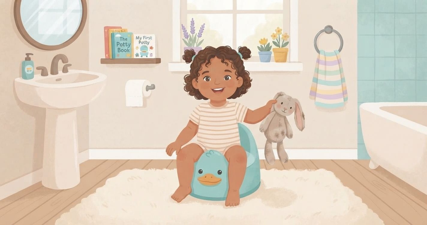 A charming, hand-drawn children's book illustration showing a happy toddler of color, with curly brown hair in pigtails and wearing a striped onesie, sitting confidently on a blue duck-shaped potty in a bright, pastel bathroom. They hold a worn plush bunny. The background features a pedestal sink with a round mirror, a shelf with books titled "The Potty Book" and "My First Potty," a window with potted plants, a toilet paper roll, and a towel ring with a striped towel. A clawfoot tub is partially visible on the right, and a soft cream rug covers the light wood floor. The style is soft, cozy, and encouraging, with a warm, light color palette.