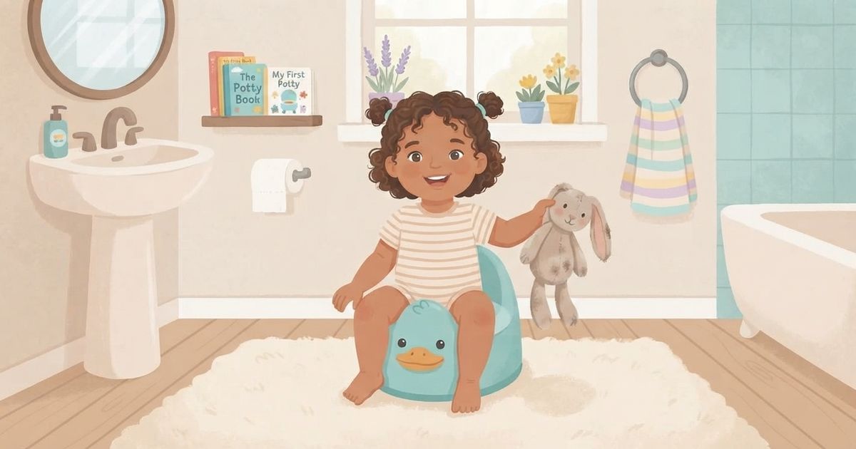 A charming, hand-drawn children's book illustration showing a happy toddler of color, with curly brown hair in pigtails and wearing a striped onesie, sitting confidently on a blue duck-shaped potty in a bright, pastel bathroom. They hold a worn plush bunny. The background features a pedestal sink with a round mirror, a shelf with books titled "The Potty Book" and "My First Potty," a window with potted plants, a toilet paper roll, and a towel ring with a striped towel. A clawfoot tub is partially visible on the right, and a soft cream rug covers the light wood floor. The style is soft, cozy, and encouraging, with a warm, light color palette.