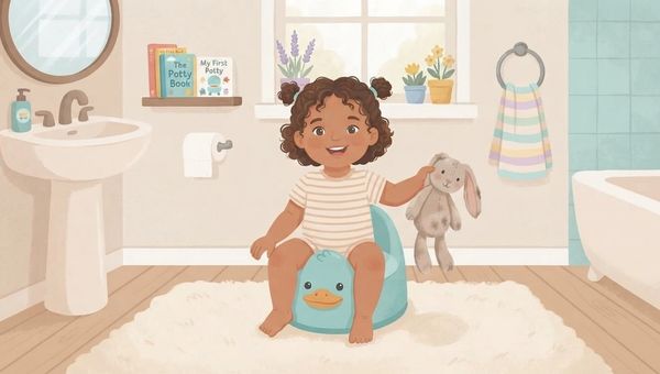 A charming, hand-drawn children's book illustration showing a happy toddler of color, with curly brown hair in pigtails and wearing a striped onesie, sitting confidently on a blue duck-shaped potty in a bright, pastel bathroom. They hold a worn plush bunny. The background features a pedestal sink with a round mirror, a shelf with books titled "The Potty Book" and "My First Potty," a window with potted plants, a toilet paper roll, and a towel ring with a striped towel. A clawfoot tub is partially visible on the right, and a soft cream rug covers the light wood floor. The style is soft, cozy, and encouraging, with a warm, light color palette.