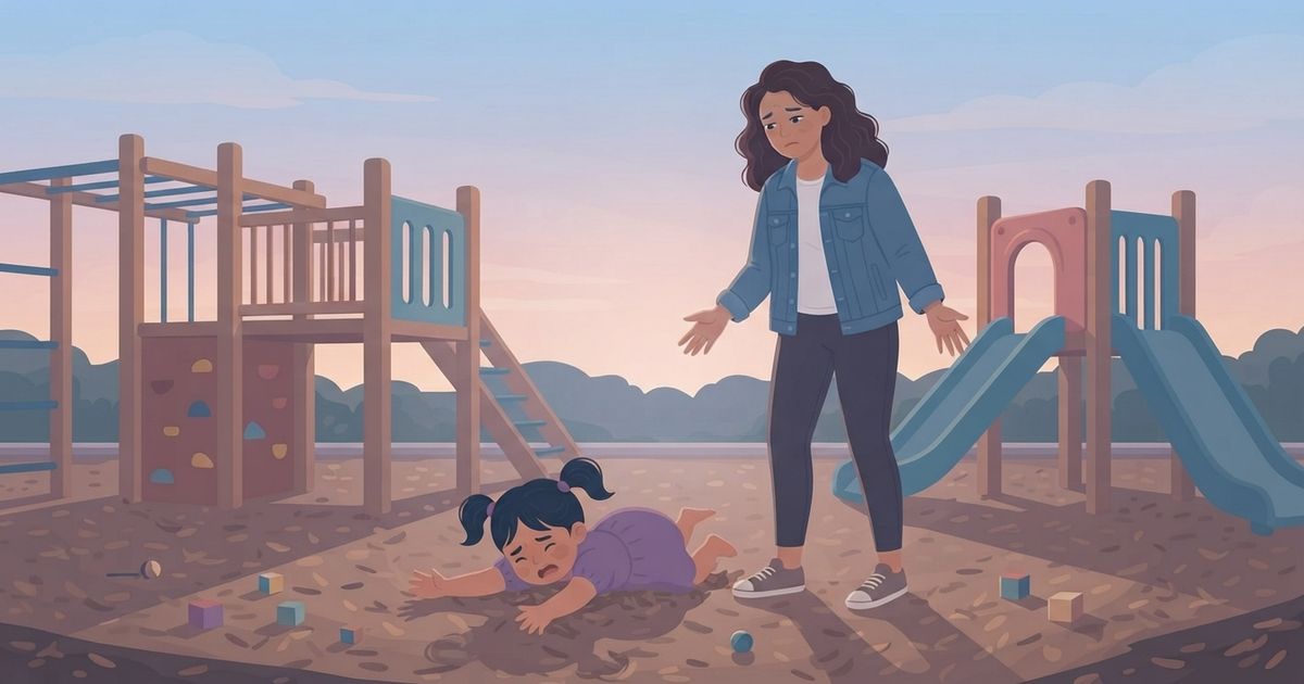 An illustrative vector scene shows an outdoor playground at dusk with soft, natural lighting. In the center, a young girl with twin pigtails wearing a purple dress is dramatically lying facedown on the wood chips, crying and throwing a tantrum. Standing right next to her is a concerned mother with dark curly hair, wearing a denim jacket, white top, and dark pants, looking down with a stressed and empathetic expression with her hands held out in a gesture of gentle helplessness. In the background, there is a wooden playground structure with climbing equipment and slides, set against a soft evening sky. The overall art style is warm, flat, and gentle with textured shading.