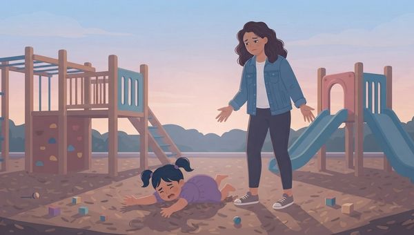 An illustrative vector scene shows an outdoor playground at dusk with soft, natural lighting. In the center, a young girl with twin pigtails wearing a purple dress is dramatically lying facedown on the wood chips, crying and throwing a tantrum. Standing right next to her is a concerned mother with dark curly hair, wearing a denim jacket, white top, and dark pants, looking down with a stressed and empathetic expression with her hands held out in a gesture of gentle helplessness. In the background, there is a wooden playground structure with climbing equipment and slides, set against a soft evening sky. The overall art style is warm, flat, and gentle with textured shading.