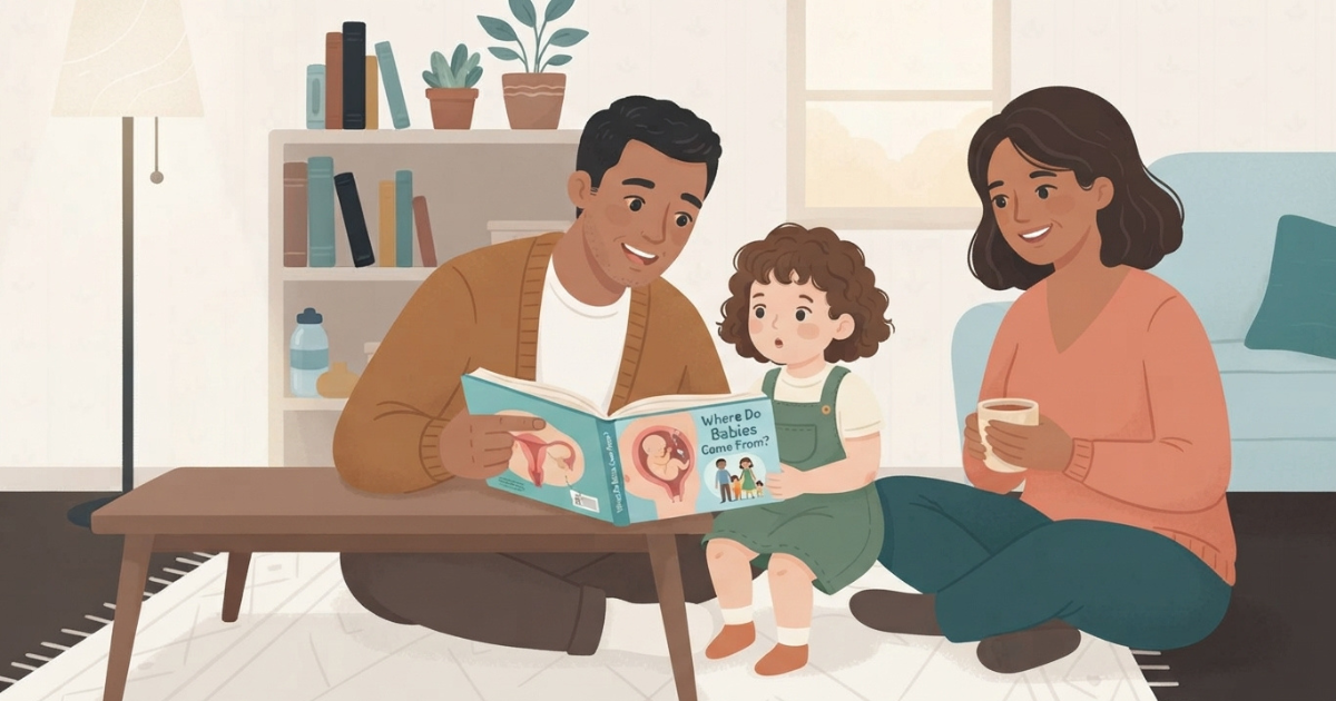 An illustrated family scene in a warm, textured digital art style, depicting a Black man and a Black woman sitting on a patterned rug in a cozy living room, reading an open picture book with a young curly-haired child. The man, on the left, wears a brown cardigan and is holding the book, which is open to pages with illustrations of a human uterus and a developing fetus. The book cover title, clearly visible in English, reads: "Where Do Babies Come From?". The child sits in the middle, wearing green overalls and looking intently at the book with a curious expression. The woman, on the right, wears an orange-pink sweater and is sitting cross-legged, holding a mug of coffee and smiling warmly at the book. The background includes a wooden bookshelf filled with books and potted plants, a window, a floor lamp, and a light blue armchair. The entire composition has a gentle, inviting, and educational atmosphere. A small, subtle star icon is in the bottom right corner.