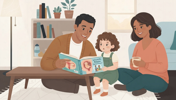 An illustrated family scene in a warm, textured digital art style, depicting a Black man and a Black woman sitting on a patterned rug in a cozy living room, reading an open picture book with a young curly-haired child. The man, on the left, wears a brown cardigan and is holding the book, which is open to pages with illustrations of a human uterus and a developing fetus. The book cover title, clearly visible in English, reads: "Where Do Babies Come From?". The child sits in the middle, wearing green overalls and looking intently at the book with a curious expression. The woman, on the right, wears an orange-pink sweater and is sitting cross-legged, holding a mug of coffee and smiling warmly at the book. The background includes a wooden bookshelf filled with books and potted plants, a window, a floor lamp, and a light blue armchair. The entire composition has a gentle, inviting, and educational atmosphere. A small, subtle star icon is in the bottom right corner.