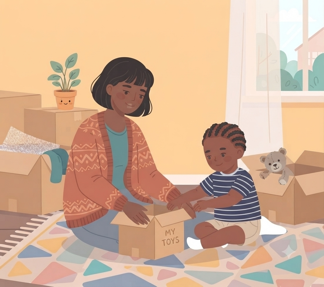 A flat vector illustration shows a Black mother and child kneeling on a colorful patterned rug in a room filled with cardboard moving boxes. The mother, with shoulder-length dark hair, wears a patterned rust-colored cardigan over a teal top. She is smiling as she reaches into a small, open cardboard box labeled "MY TOYS," which is centered between them. The child, with braided hair and wearing a blue and white striped t-shirt and beige shorts, is also reaching into the same box. To the left, several large moving boxes are stacked, with one open box revealing bubble wrap and folded clothes. On top of the stack sits a small potted plant with a smiling face drawn on the pot. To the right, another open box contains a stuffed teddy bear. In the background, a window shows a view of green foliage and buildings, and the walls are painted a warm peach color. The overall style is cozy and domestic.