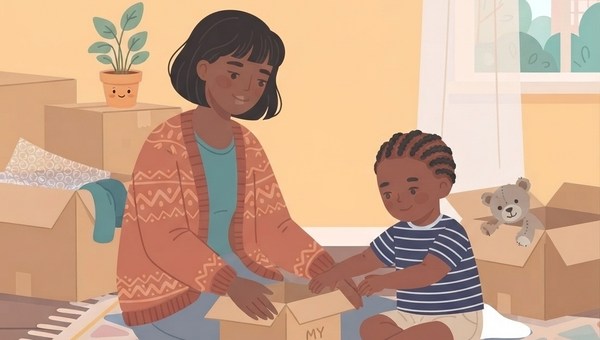 A flat vector illustration shows a Black mother and child kneeling on a colorful patterned rug in a room filled with cardboard moving boxes. The mother, with shoulder-length dark hair, wears a patterned rust-colored cardigan over a teal top. She is smiling as she reaches into a small, open cardboard box labeled "MY TOYS," which is centered between them. The child, with braided hair and wearing a blue and white striped t-shirt and beige shorts, is also reaching into the same box. To the left, several large moving boxes are stacked, with one open box revealing bubble wrap and folded clothes. On top of the stack sits a small potted plant with a smiling face drawn on the pot. To the right, another open box contains a stuffed teddy bear. In the background, a window shows a view of green foliage and buildings, and the walls are painted a warm peach color. The overall style is cozy and domestic.