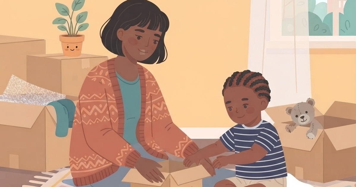 A flat vector illustration shows a Black mother and child kneeling on a colorful patterned rug in a room filled with cardboard moving boxes. The mother, with shoulder-length dark hair, wears a patterned rust-colored cardigan over a teal top. She is smiling as she reaches into a small, open cardboard box labeled "MY TOYS," which is centered between them. The child, with braided hair and wearing a blue and white striped t-shirt and beige shorts, is also reaching into the same box. To the left, several large moving boxes are stacked, with one open box revealing bubble wrap and folded clothes. On top of the stack sits a small potted plant with a smiling face drawn on the pot. To the right, another open box contains a stuffed teddy bear. In the background, a window shows a view of green foliage and buildings, and the walls are painted a warm peach color. The overall style is cozy and domestic.