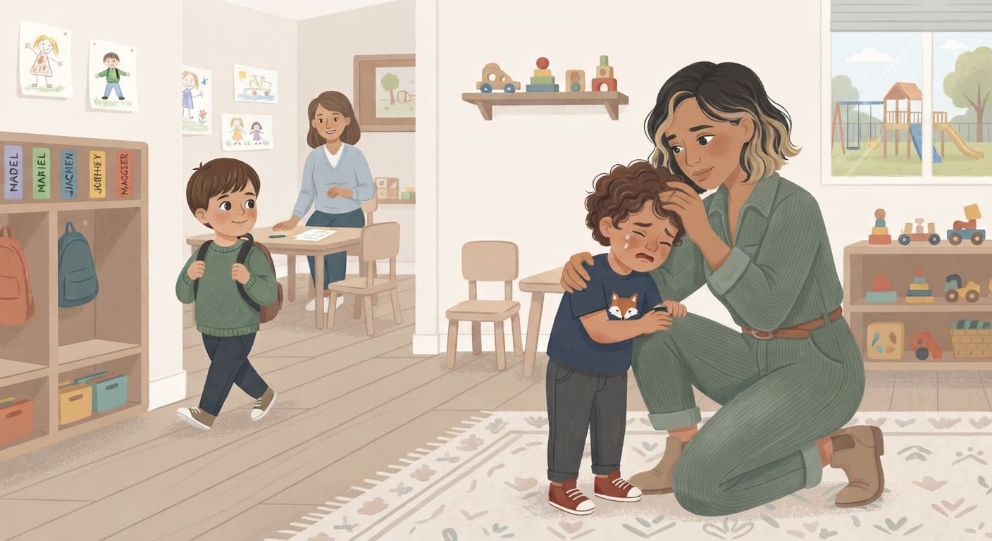 An illustration in a warm, textured vector art style depicting a preschool drop-off scene. On the right, a mother with shoulder-length dark hair featuring blonde highlights, wearing a dark green jumpsuit and boots, is kneeling on the floor to comfort her young son who is crying, sobbing, and clutching his hands together in distress. In the background to the left, another young boy wearing a green sweater and backpack walks calmly and happily into the classroom without a backward glance, while a teacher sits at a table. The cozy classroom features cubbies, shelves with toys, children's drawings on the walls, and a window showing a playground outside. The color palette utilizes soft creams, deep greens, and warm earth tones.