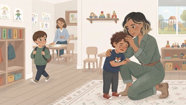 An illustration in a warm, textured vector art style depicting a preschool drop-off scene. On the right, a mother with shoulder-length dark hair featuring blonde highlights, wearing a dark green jumpsuit and boots, is kneeling on the floor to comfort her young son who is crying, sobbing, and clutching his hands together in distress. In the background to the left, another young boy wearing a green sweater and backpack walks calmly and happily into the classroom without a backward glance, while a teacher sits at a table. The cozy classroom features cubbies, shelves with toys, children's drawings on the walls, and a window showing a playground outside. The color palette utilizes soft creams, deep greens, and warm earth tones.