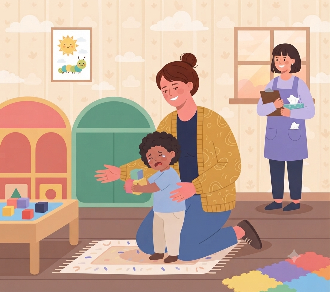A flat vector illustration set in a brightly lit daycare or preschool room. In the foreground, a woman with brown hair tied in a bun, wearing a yellow patterned cardigan and blue pants, is kneeling on a small patterned rug. She is smiling and embracing a young Black toddler who is crying and holding onto a toy block. To the right, standing in the background near a window and a wooden floor, is a female teacher with dark hair, wearing a purple smock and holding a clipboard and a tissue box. Behind them, the wall is decorated with patterned wallpaper, a framed painting of a sun and caterpillar, and two large green arched structures. To the left, a wooden table holds colorful building blocks. A colorful foam mat is visible in the bottom right corner. The overall style is warm and friendly.