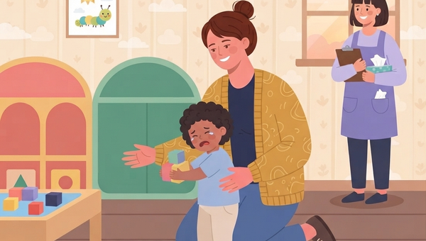 A flat vector illustration set in a brightly lit daycare or preschool room. In the foreground, a woman with brown hair tied in a bun, wearing a yellow patterned cardigan and blue pants, is kneeling on a small patterned rug. She is smiling and embracing a young Black toddler who is crying and holding onto a toy block. To the right, standing in the background near a window and a wooden floor, is a female teacher with dark hair, wearing a purple smock and holding a clipboard and a tissue box. Behind them, the wall is decorated with patterned wallpaper, a framed painting of a sun and caterpillar, and two large green arched structures. To the left, a wooden table holds colorful building blocks. A colorful foam mat is visible in the bottom right corner. The overall style is warm and friendly.