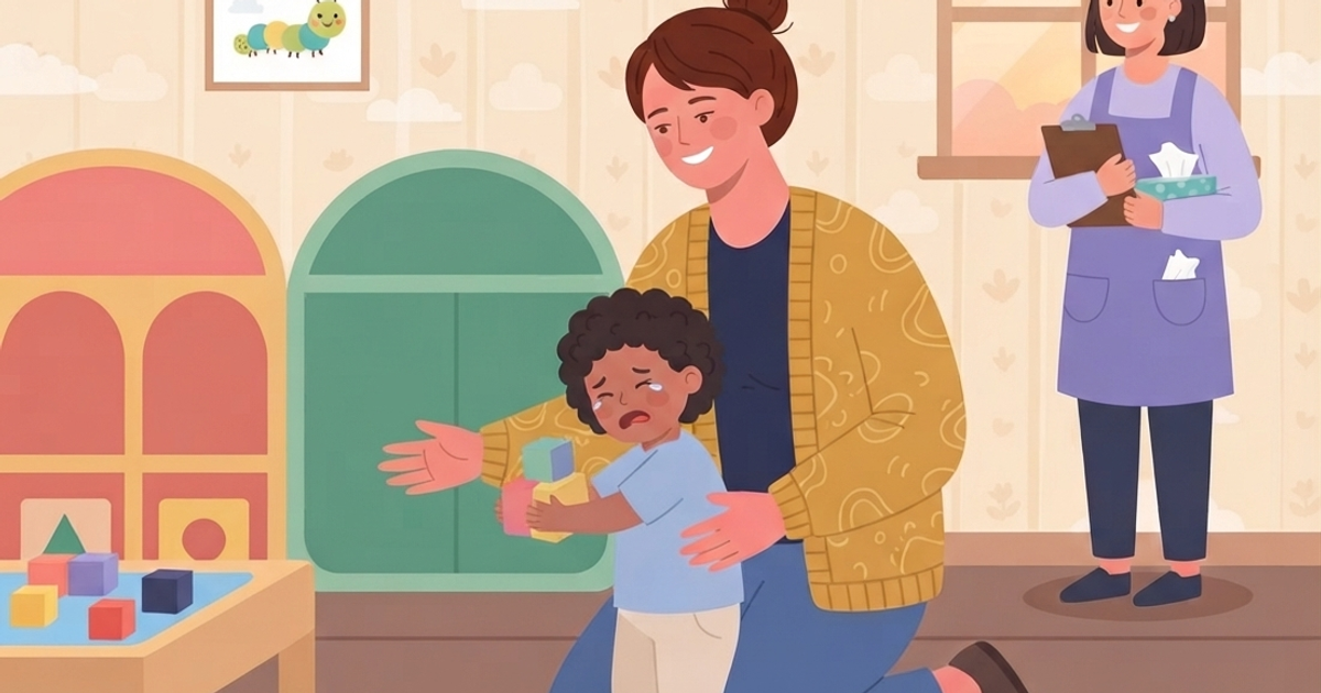 A flat vector illustration set in a brightly lit daycare or preschool room. In the foreground, a woman with brown hair tied in a bun, wearing a yellow patterned cardigan and blue pants, is kneeling on a small patterned rug. She is smiling and embracing a young Black toddler who is crying and holding onto a toy block. To the right, standing in the background near a window and a wooden floor, is a female teacher with dark hair, wearing a purple smock and holding a clipboard and a tissue box. Behind them, the wall is decorated with patterned wallpaper, a framed painting of a sun and caterpillar, and two large green arched structures. To the left, a wooden table holds colorful building blocks. A colorful foam mat is visible in the bottom right corner. The overall style is warm and friendly.
