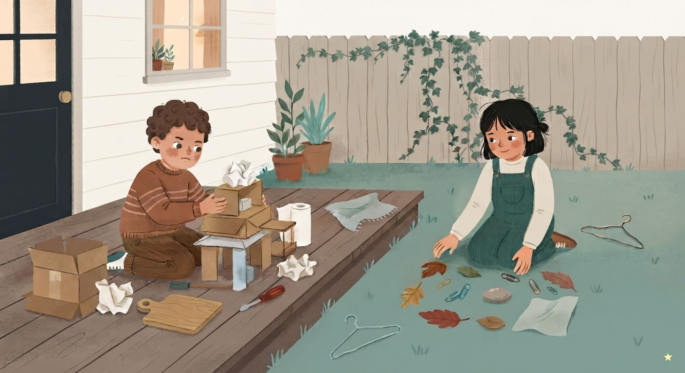 An illustration in a soft, textured storybook style depicting a backyard scene with two children. On the left, a boy with curly brown hair, wearing a striped sweater and brown corduroy pants, kneels on a wooden deck, focused on building a structure out of cardboard boxes, paper towels, screwdrivers, and other found objects. On the right, a girl with a black bob haircut and teal overalls sits cross-legged on the grass, carefully arranging a collection of leaves, paperclips, a stone, and fabric scraps into a pattern. Scattered around the children are various everyday items like paper bags, a cutting board, and metal hangers. The background features a white house with a window and a black door, potted plants, and a wooden fence covered in ivy. The lighting is soft and natural, and a small, stylized star icon is in the bottom right corner.