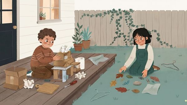 An illustration in a soft, textured storybook style depicting a backyard scene with two children. On the left, a boy with curly brown hair, wearing a striped sweater and brown corduroy pants, kneels on a wooden deck, focused on building a structure out of cardboard boxes, paper towels, screwdrivers, and other found objects. On the right, a girl with a black bob haircut and teal overalls sits cross-legged on the grass, carefully arranging a collection of leaves, paperclips, a stone, and fabric scraps into a pattern. Scattered around the children are various everyday items like paper bags, a cutting board, and metal hangers. The background features a white house with a window and a black door, potted plants, and a wooden fence covered in ivy. The lighting is soft and natural, and a small, stylized star icon is in the bottom right corner.