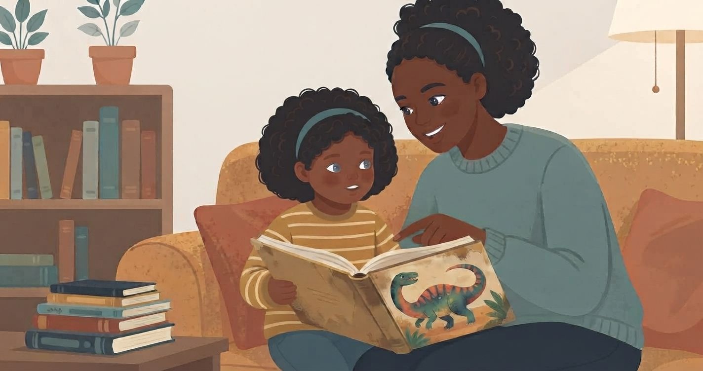 A warm, inviting illustration of a mother and daughter reading together on a sofa. The mother, a Black woman with dark curly hair pulled back with a blue headband and wearing a blue-grey sweater, is sitting on a mustard-yellow couch, smiling warmly. The daughter, a young Black girl with similar curly hair and a matching headband, is sitting beside her, looking at the book with a curious expression and wearing a striped yellow and cream shirt. They are holding an open, oversized picture book with a colorful, friendly illustration of a green and red dinosaur on the pages. The mother is pointing at something in the book with her right index finger.  The background shows a cozy living room. To the left is a wooden bookshelf filled with books and two potted plants. In the foreground, there is a small side table with a neat stack of books. To the right, a floor lamp with a cream shade stands near the sofa. The overall art style is clean, flat, and gentle, with a soft, warm color palette. The lighting is natural and comforting.