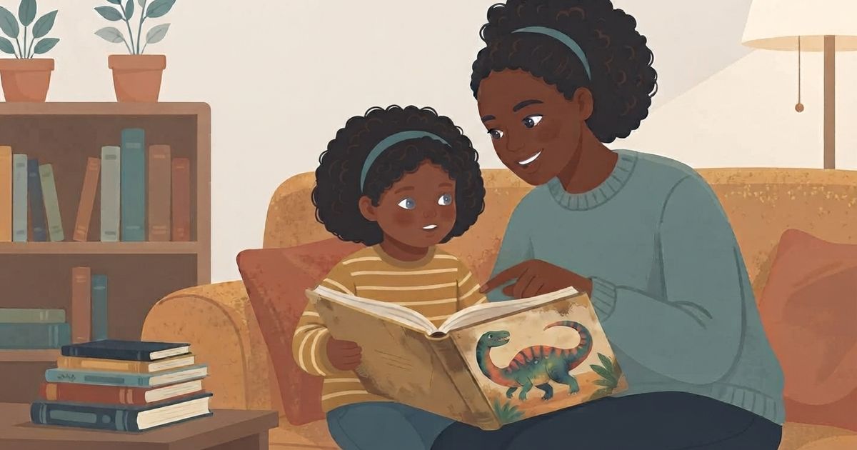A warm, inviting illustration of a mother and daughter reading together on a sofa. The mother, a Black woman with dark curly hair pulled back with a blue headband and wearing a blue-grey sweater, is sitting on a mustard-yellow couch, smiling warmly. The daughter, a young Black girl with similar curly hair and a matching headband, is sitting beside her, looking at the book with a curious expression and wearing a striped yellow and cream shirt. They are holding an open, oversized picture book with a colorful, friendly illustration of a green and red dinosaur on the pages. The mother is pointing at something in the book with her right index finger. The background shows a cozy living room. To the left is a wooden bookshelf filled with books and two potted plants. In the foreground, there is a small side table with a neat stack of books. To the right, a floor lamp with a cream shade stands near the sofa. The overall art style is clean, flat, and gentle, with a soft, warm color palette. The lighting is natural and comforting.