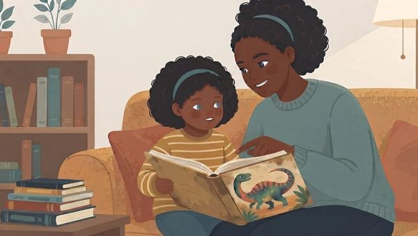 A warm, inviting illustration of a mother and daughter reading together on a sofa. The mother, a Black woman with dark curly hair pulled back with a blue headband and wearing a blue-grey sweater, is sitting on a mustard-yellow couch, smiling warmly. The daughter, a young Black girl with similar curly hair and a matching headband, is sitting beside her, looking at the book with a curious expression and wearing a striped yellow and cream shirt. They are holding an open, oversized picture book with a colorful, friendly illustration of a green and red dinosaur on the pages. The mother is pointing at something in the book with her right index finger. The background shows a cozy living room. To the left is a wooden bookshelf filled with books and two potted plants. In the foreground, there is a small side table with a neat stack of books. To the right, a floor lamp with a cream shade stands near the sofa. The overall art style is clean, flat, and gentle, with a soft, warm color palette. The lighting is natural and comforting.