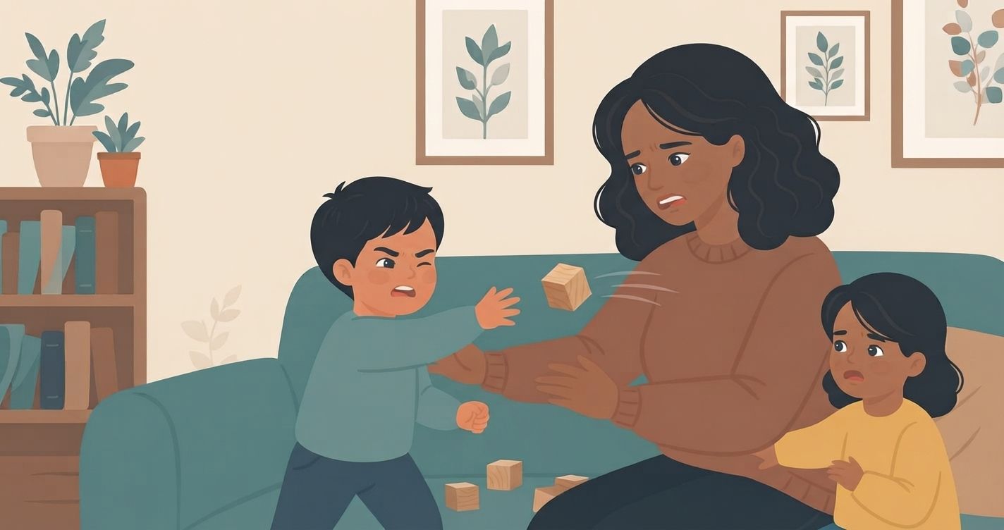 An illustrative vector scene inside a cozy living room shows a Black mother sitting on a teal sofa, looking distressed. A young boy with an angry expression in a light blue sweater stands on the sofa, leaning forward aggressively with his hand extended, apparently having just thrown a wooden block that is shown mid-air near the mother's chest. A younger girl in a yellow sweater is partially hidden behind the mother, looking upset and tearful. On the left, there's a wooden bookshelf with books and potted plants. The wall behind them is cream-colored with three framed botanical prints. Scattered wooden blocks are on the floor. The overall style is flat, warm, and domestic, with visible textures.