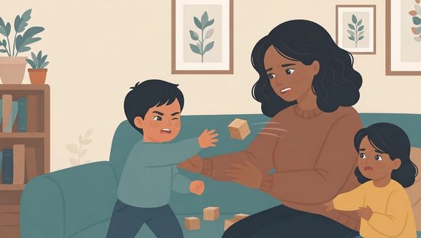 An illustrative vector scene inside a cozy living room shows a Black mother sitting on a teal sofa, looking distressed. A young boy with an angry expression in a light blue sweater stands on the sofa, leaning forward aggressively with his hand extended, apparently having just thrown a wooden block that is shown mid-air near the mother's chest. A younger girl in a yellow sweater is partially hidden behind the mother, looking upset and tearful. On the left, there's a wooden bookshelf with books and potted plants. The wall behind them is cream-colored with three framed botanical prints. Scattered wooden blocks are on the floor. The overall style is flat, warm, and domestic, with visible textures.