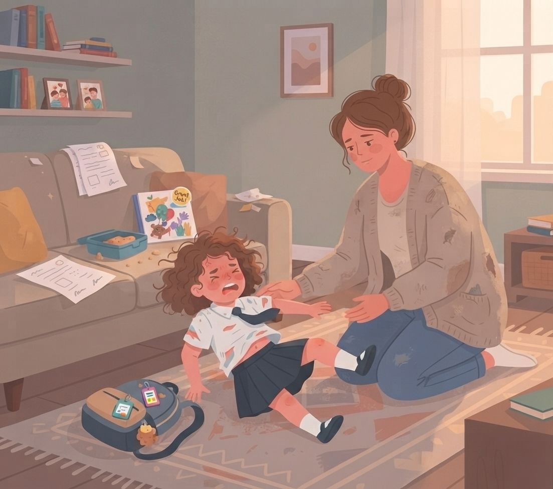 An illustrative, slightly textured vector-style image depicting a messy living room scene. A young child with curly brown hair, wearing a slightly rumpled school uniform (white shirt, dark tie, dark skirt), is lying on a patterned rug, crying dramatically with a flushed face and messy hair. Her mother, with brown hair in a bun and wearing a casual, distressed cardigan and jeans, is kneeling on the rug beside her, looking at the child with a patient, concerned, and slightly tired expression, offering a gentle hand. In the background, a cluttered couch holds scattered school papers, an open lunchbox with crumbs, and a children's book with a colorful cover. A small backpack with a few tags lies near the child on the floor. The room has bookshelves, framed pictures, and a large window letting in warm, diffused light. The overall color palette is warm and muted.
