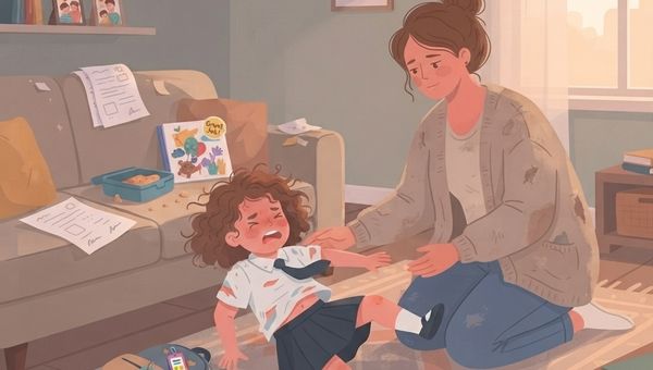 An illustrative, slightly textured vector-style image depicting a messy living room scene. A young child with curly brown hair, wearing a slightly rumpled school uniform (white shirt, dark tie, dark skirt), is lying on a patterned rug, crying dramatically with a flushed face and messy hair. Her mother, with brown hair in a bun and wearing a casual, distressed cardigan and jeans, is kneeling on the rug beside her, looking at the child with a patient, concerned, and slightly tired expression, offering a gentle hand. In the background, a cluttered couch holds scattered school papers, an open lunchbox with crumbs, and a children's book with a colorful cover. A small backpack with a few tags lies near the child on the floor. The room has bookshelves, framed pictures, and a large window letting in warm, diffused light. The overall color palette is warm and muted.