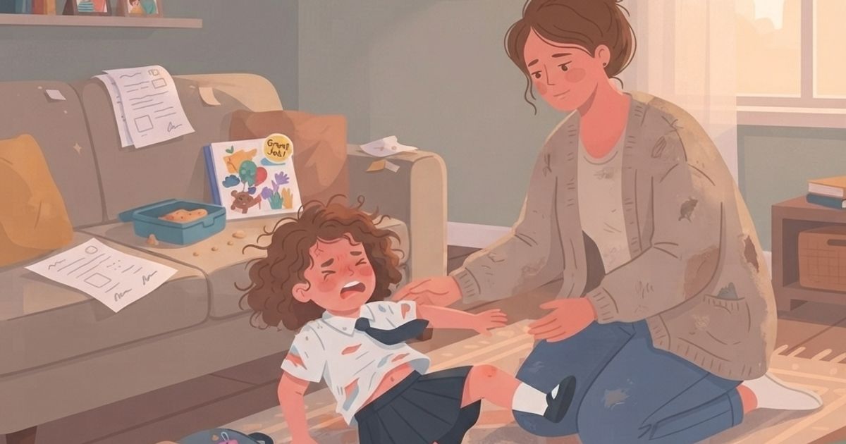 An illustrative, slightly textured vector-style image depicting a messy living room scene. A young child with curly brown hair, wearing a slightly rumpled school uniform (white shirt, dark tie, dark skirt), is lying on a patterned rug, crying dramatically with a flushed face and messy hair. Her mother, with brown hair in a bun and wearing a casual, distressed cardigan and jeans, is kneeling on the rug beside her, looking at the child with a patient, concerned, and slightly tired expression, offering a gentle hand. In the background, a cluttered couch holds scattered school papers, an open lunchbox with crumbs, and a children's book with a colorful cover. A small backpack with a few tags lies near the child on the floor. The room has bookshelves, framed pictures, and a large window letting in warm, diffused light. The overall color palette is warm and muted.