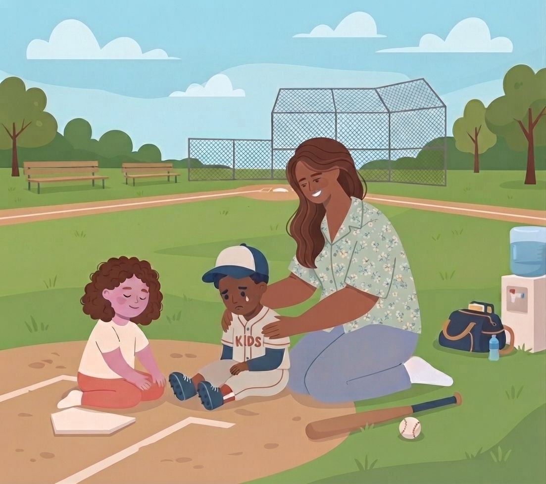 A flat vector illustration set on a sunny baseball field. On the dirt infield, a young Black boy in a baseball uniform and cap is sitting and crying, with a tear visible on his cheek. An adult Black woman, wearing a floral shirt and light blue pants, is kneeling beside him and comforting him with her hands on his shoulders. To their left, a young girl with curly brown hair is kneeling near the home plate, looking at the boy with a calm expression. In the background, there is a chain-link backstop, a few empty benches, and green trees under a blue sky with clouds. To the right, a water cooler, a sports bag, a baseball bat, and a baseball are on the grass. The overall style is clean, graphic, and warm.