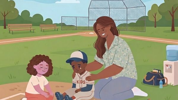A flat vector illustration set on a sunny baseball field. On the dirt infield, a young Black boy in a baseball uniform and cap is sitting and crying, with a tear visible on his cheek. An adult Black woman, wearing a floral shirt and light blue pants, is kneeling beside him and comforting him with her hands on his shoulders. To their left, a young girl with curly brown hair is kneeling near the home plate, looking at the boy with a calm expression. In the background, there is a chain-link backstop, a few empty benches, and green trees under a blue sky with clouds. To the right, a water cooler, a sports bag, a baseball bat, and a baseball are on the grass. The overall style is clean, graphic, and warm.