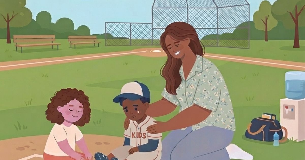 A flat vector illustration set on a sunny baseball field. On the dirt infield, a young Black boy in a baseball uniform and cap is sitting and crying, with a tear visible on his cheek. An adult Black woman, wearing a floral shirt and light blue pants, is kneeling beside him and comforting him with her hands on his shoulders. To their left, a young girl with curly brown hair is kneeling near the home plate, looking at the boy with a calm expression. In the background, there is a chain-link backstop, a few empty benches, and green trees under a blue sky with clouds. To the right, a water cooler, a sports bag, a baseball bat, and a baseball are on the grass. The overall style is clean, graphic, and warm.