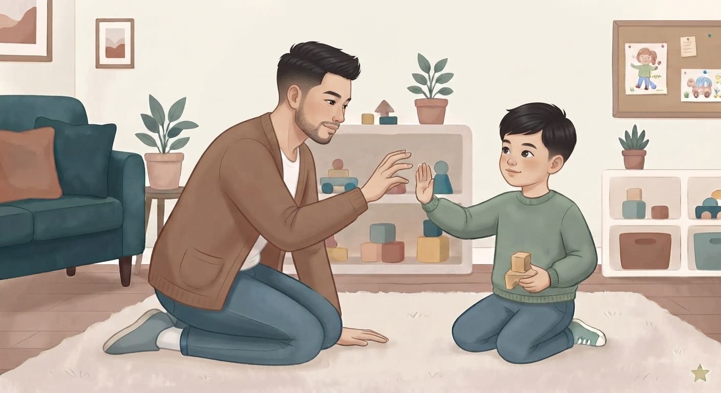 An illustration in a soft, textured storybook style depicting an Asian father and son on a fluffy rug in a cozy living room. The father, wearing a brown cardigan and jeans, is kneeling on the left, looking gently at the boy and extending a hand towards him with a gesture like a gentle tap or tickle. The son, wearing a green sweater and jeans, is kneeling on the right, smiling and raising his hand in a matching gesture, while holding a small wooden block in his other hand. In the background, there is a teal sofa, potted plants on a side table, shelves with various wooden and colorful toys, and a bulletin board with children's drawings. The overall atmosphere is warm and playful. A small stylized star icon is in the bottom right corner.