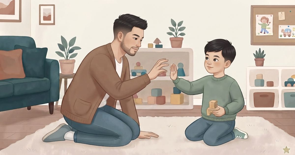 An illustration in a soft, textured storybook style depicting an Asian father and son on a fluffy rug in a cozy living room. The father, wearing a brown cardigan and jeans, is kneeling on the left, looking gently at the boy and extending a hand towards him with a gesture like a gentle tap or tickle. The son, wearing a green sweater and jeans, is kneeling on the right, smiling and raising his hand in a matching gesture, while holding a small wooden block in his other hand. In the background, there is a teal sofa, potted plants on a side table, shelves with various wooden and colorful toys, and a bulletin board with children's drawings. The overall atmosphere is warm and playful. A small stylized star icon is in the bottom right corner.