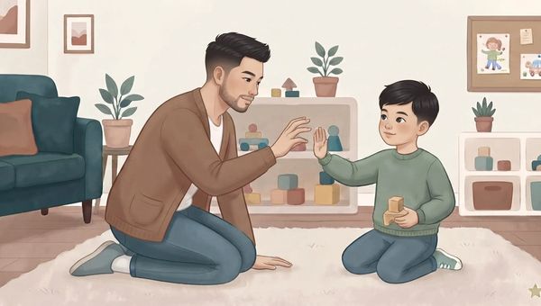 An illustration in a soft, textured storybook style depicting an Asian father and son on a fluffy rug in a cozy living room. The father, wearing a brown cardigan and jeans, is kneeling on the left, looking gently at the boy and extending a hand towards him with a gesture like a gentle tap or tickle. The son, wearing a green sweater and jeans, is kneeling on the right, smiling and raising his hand in a matching gesture, while holding a small wooden block in his other hand. In the background, there is a teal sofa, potted plants on a side table, shelves with various wooden and colorful toys, and a bulletin board with children's drawings. The overall atmosphere is warm and playful. A small stylized star icon is in the bottom right corner.