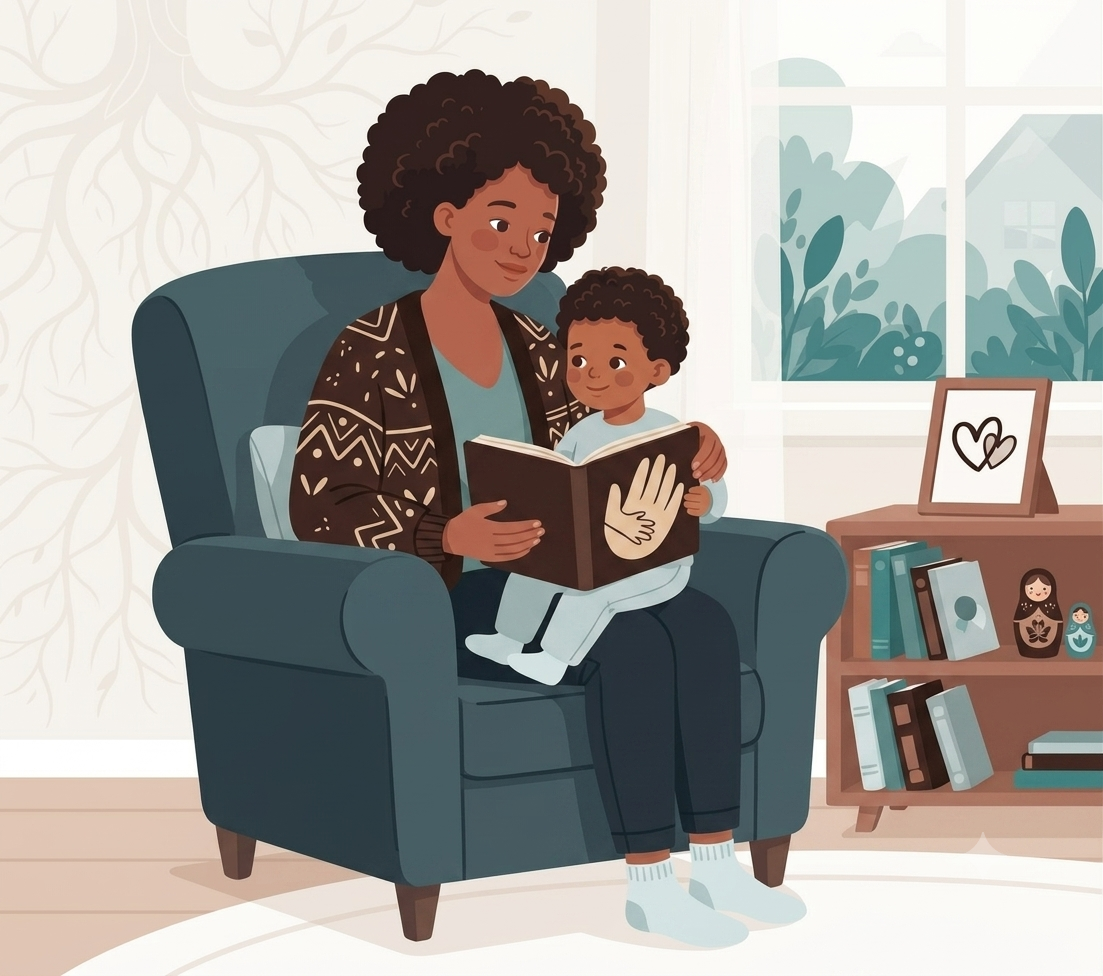 A cozy, flat vector illustration depicts a Black mother and her young son sitting together in a comfortable, sage-green armchair in a bright living room. The mother, with short voluminous black curly hair, wears a warm mustard-yellow cardigan with patterned trim over a blue-green top and blue pants. She is holding an open book on her lap while her son, with short curly hair and wearing a blue top and trousers, sits comfortably on her lap, looking up with a gentle smile as she holds the book. The open book features a simple illustration of holding hands. In the background, a window looks out onto lush green trees, a small bookshelf holds colorful books and nesting dolls, and a framed picture of two overlapping hearts rests on top. The room has light wood floors and a soft cream-colored rug.