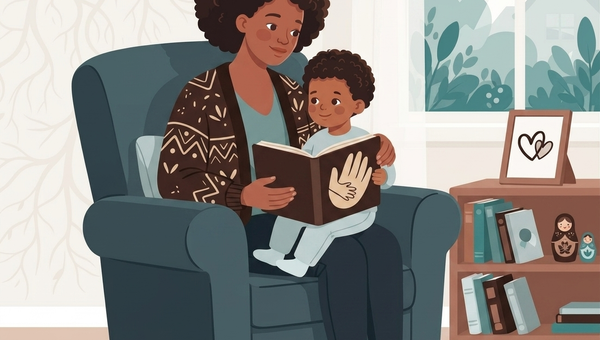 A cozy, flat vector illustration depicts a Black mother and her young son sitting together in a comfortable, sage-green armchair in a bright living room. The mother, with short voluminous black curly hair, wears a warm mustard-yellow cardigan with patterned trim over a blue-green top and blue pants. She is holding an open book on her lap while her son, with short curly hair and wearing a blue top and trousers, sits comfortably on her lap, looking up with a gentle smile as she holds the book. The open book features a simple illustration of holding hands. In the background, a window looks out onto lush green trees, a small bookshelf holds colorful books and nesting dolls, and a framed picture of two overlapping hearts rests on top. The room has light wood floors and a soft cream-colored rug.