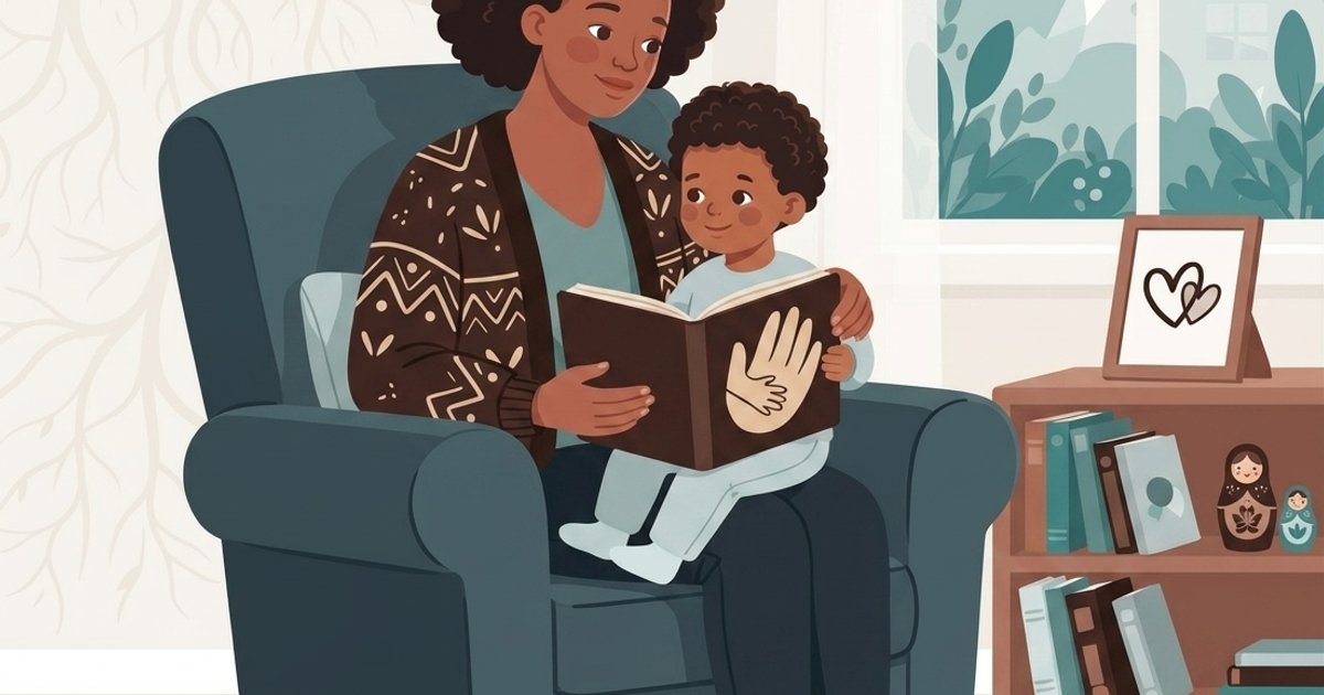 A cozy, flat vector illustration depicts a Black mother and her young son sitting together in a comfortable, sage-green armchair in a bright living room. The mother, with short voluminous black curly hair, wears a warm mustard-yellow cardigan with patterned trim over a blue-green top and blue pants. She is holding an open book on her lap while her son, with short curly hair and wearing a blue top and trousers, sits comfortably on her lap, looking up with a gentle smile as she holds the book. The open book features a simple illustration of holding hands. In the background, a window looks out onto lush green trees, a small bookshelf holds colorful books and nesting dolls, and a framed picture of two overlapping hearts rests on top. The room has light wood floors and a soft cream-colored rug.