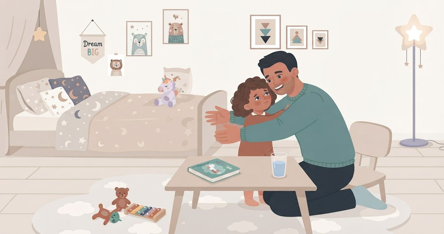 A 2D flat vector illustration of a warm, safe indoor scene in a child's bedroom. An adult father, wearing a muted green sweater and dark pants, kneels on a cloud-patterned rug and is giving a warm, enveloping hug to his young daughter, who has curly brown hair and is wearing a brown dress. The daughter is nestled securely in his embrace, looking up at him with a peaceful and trusting expression. They are positioned next to a low wooden coffee table. On the table rests a closed, softbound children's book and a clear glass of water. In the background is a twin bed with moon-and-star patterned bedding, a canopy, and several plush animal toys, including a unicorn. The walls are decorated with framed animal art prints (bears, owls) and a pennant banner that reads "Dream Big". A distinctive star-shaped floor lamp stands in the corner, casting a soft, warm glow. The overall atmosphere is intimate, caring, and secure.