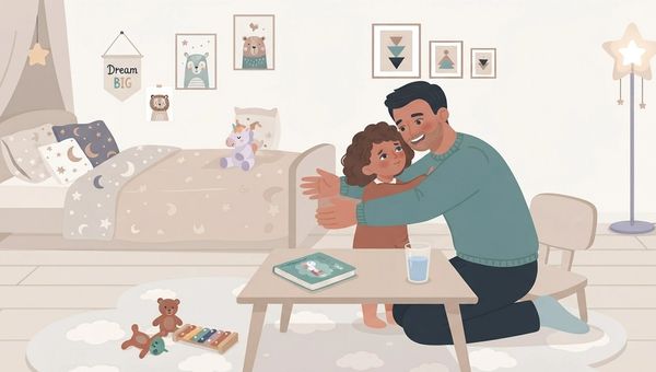 A 2D flat vector illustration of a warm, safe indoor scene in a child's bedroom. An adult father, wearing a muted green sweater and dark pants, kneels on a cloud-patterned rug and is giving a warm, enveloping hug to his young daughter, who has curly brown hair and is wearing a brown dress. The daughter is nestled securely in his embrace, looking up at him with a peaceful and trusting expression. They are positioned next to a low wooden coffee table. On the table rests a closed, softbound children's book and a clear glass of water. In the background is a twin bed with moon-and-star patterned bedding, a canopy, and several plush animal toys, including a unicorn. The walls are decorated with framed animal art prints (bears, owls) and a pennant banner that reads "Dream Big". A distinctive star-shaped floor lamp stands in the corner, casting a soft, warm glow. The overall atmosphere is intimate, caring, and secure.