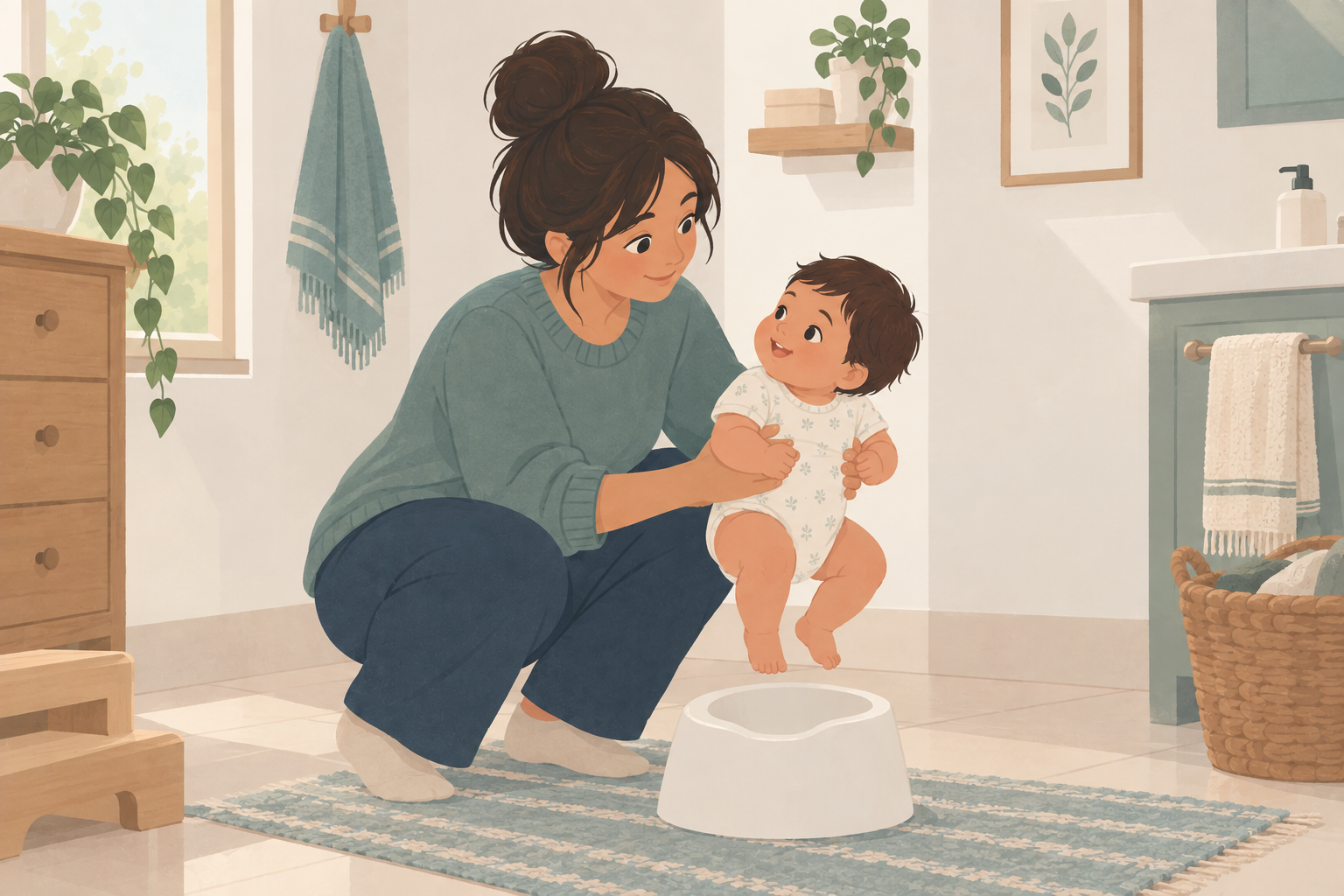 A caregiver gently supports a baby over a small potty in a cozy, softly lit bathroom, illustrating elimination communication and infant potty training.