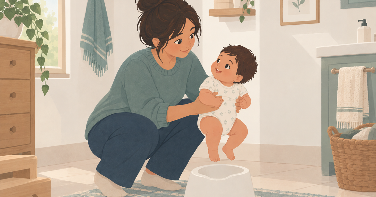 A caregiver gently supports a baby over a small potty in a cozy, softly lit bathroom, illustrating elimination communication and infant potty training.