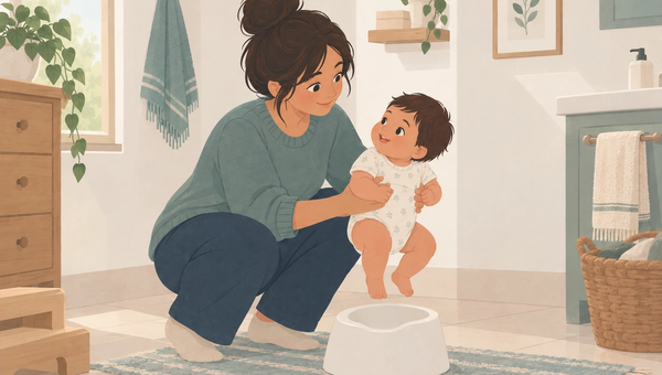 A caregiver gently supports a baby over a small potty in a cozy, softly lit bathroom, illustrating elimination communication and infant potty training.