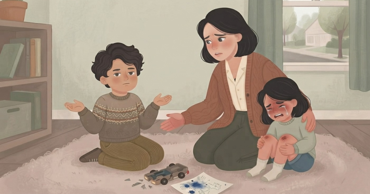 An illustrative scene in a soft, textured storybook style shows a family moment on a fluffy rug in a living room. A mother, with dark hair and wearing a rust-colored knit cardigan and green pants, kneels in the center. She looks with concern at a young boy on the left, who is also kneeling and gesturing with his hands upward in a shrug, wearing a patterned sweater and brown pants. The boy looks slightly defiant or confused. In front of them on the rug are the broken pieces of a small wooden toy vehicle and a crayon drawing of a blue figure. On the right, a younger girl, with dark hair, is sitting with her knees up, crying with tear-streaked cheeks, wearing a light-green sweater and socks. The mother has her right arm around the crying girl's shoulder and her left hand extended toward the boy. The background features a wooden bookshelf with books on the left, a window looking out onto a residential street on the right, and a soft, warm color palette of muted greens, browns, and creams. The overall mood is one of distress and conflict resolution. The lighting is diffused and gentle. A small, subtle artist's signature is in the bottom right corner.