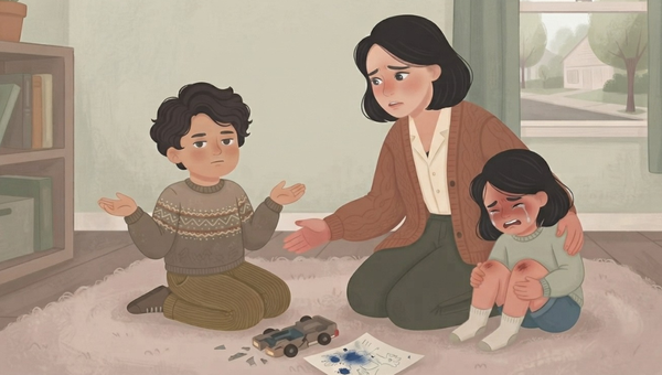 An illustrative scene in a soft, textured storybook style shows a family moment on a fluffy rug in a living room. A mother, with dark hair and wearing a rust-colored knit cardigan and green pants, kneels in the center. She looks with concern at a young boy on the left, who is also kneeling and gesturing with his hands upward in a shrug, wearing a patterned sweater and brown pants. The boy looks slightly defiant or confused. In front of them on the rug are the broken pieces of a small wooden toy vehicle and a crayon drawing of a blue figure. On the right, a younger girl, with dark hair, is sitting with her knees up, crying with tear-streaked cheeks, wearing a light-green sweater and socks. The mother has her right arm around the crying girl's shoulder and her left hand extended toward the boy. The background features a wooden bookshelf with books on the left, a window looking out onto a residential street on the right, and a soft, warm color palette of muted greens, browns, and creams. The overall mood is one of distress and conflict resolution. The lighting is diffused and gentle. A small, subtle artist's signature is in the bottom right corner.