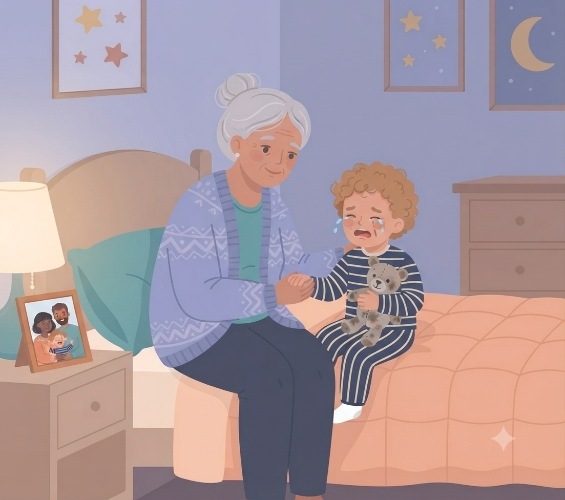 A heartwarming vector illustration in a cozy, lavender-toned bedroom shows an older grandmother, with her grey hair in a bun and wearing a patterned lavender cardigan over a teal shirt, sitting on the edge of a twin bed. She is leaning forward, holding the hand of a young, curly-haired child in blue and white striped pajamas, who is sitting up, crying with tears on their cheek and clutching a well-loved, grubby teddy bear. On the nightstand to the left sits a warm lamp and a framed family photo. The background wall features framed, wordless illustrations of stars and a crescent moon. The overall style is gentle and graphic, with a soft, warm color palette. The child's expression is one of deep distress, and the grandmother's is one of calm reassurance.