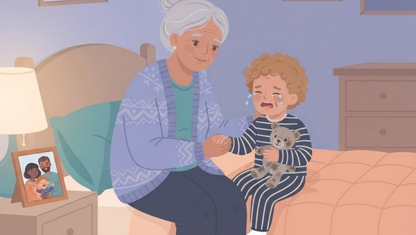 A heartwarming vector illustration in a cozy, lavender-toned bedroom shows an older grandmother, with her grey hair in a bun and wearing a patterned lavender cardigan over a teal shirt, sitting on the edge of a twin bed. She is leaning forward, holding the hand of a young, curly-haired child in blue and white striped pajamas, who is sitting up, crying with tears on their cheek and clutching a well-loved, grubby teddy bear. On the nightstand to the left sits a warm lamp and a framed family photo. The background wall features framed, wordless illustrations of stars and a crescent moon. The overall style is gentle and graphic, with a soft, warm color palette. The child's expression is one of deep distress, and the grandmother's is one of calm reassurance.