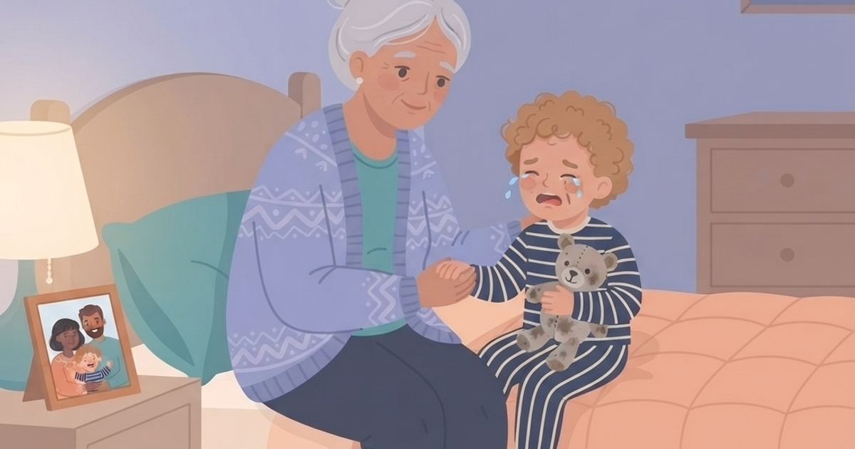 A heartwarming vector illustration in a cozy, lavender-toned bedroom shows an older grandmother, with her grey hair in a bun and wearing a patterned lavender cardigan over a teal shirt, sitting on the edge of a twin bed. She is leaning forward, holding the hand of a young, curly-haired child in blue and white striped pajamas, who is sitting up, crying with tears on their cheek and clutching a well-loved, grubby teddy bear. On the nightstand to the left sits a warm lamp and a framed family photo. The background wall features framed, wordless illustrations of stars and a crescent moon. The overall style is gentle and graphic, with a soft, warm color palette. The child's expression is one of deep distress, and the grandmother's is one of calm reassurance.