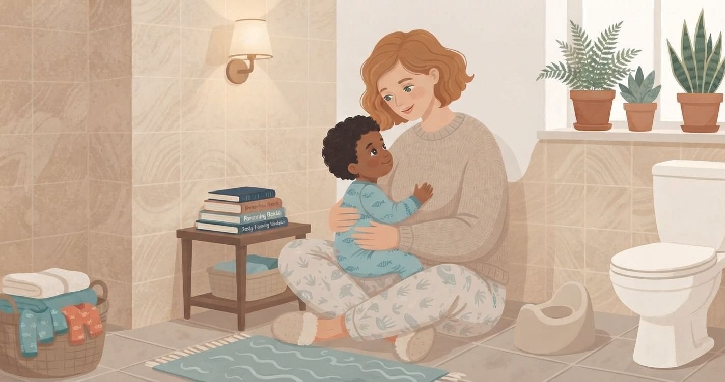 An illustration of a mother and toddler sitting on a bathroom floor. The mother, with short ginger hair, wears a cream sweater and patterned light-blue pajama pants. She holds a Black toddler in her lap, who is also wearing a matching patterned light-blue onesie. They are looking at each other, smiling.  Next to them is a small stool with a stack of books, a basket of towels, potted plants on a windowsill, a sink, and a toilet. The style is gentle and illustrated, with warm colors.