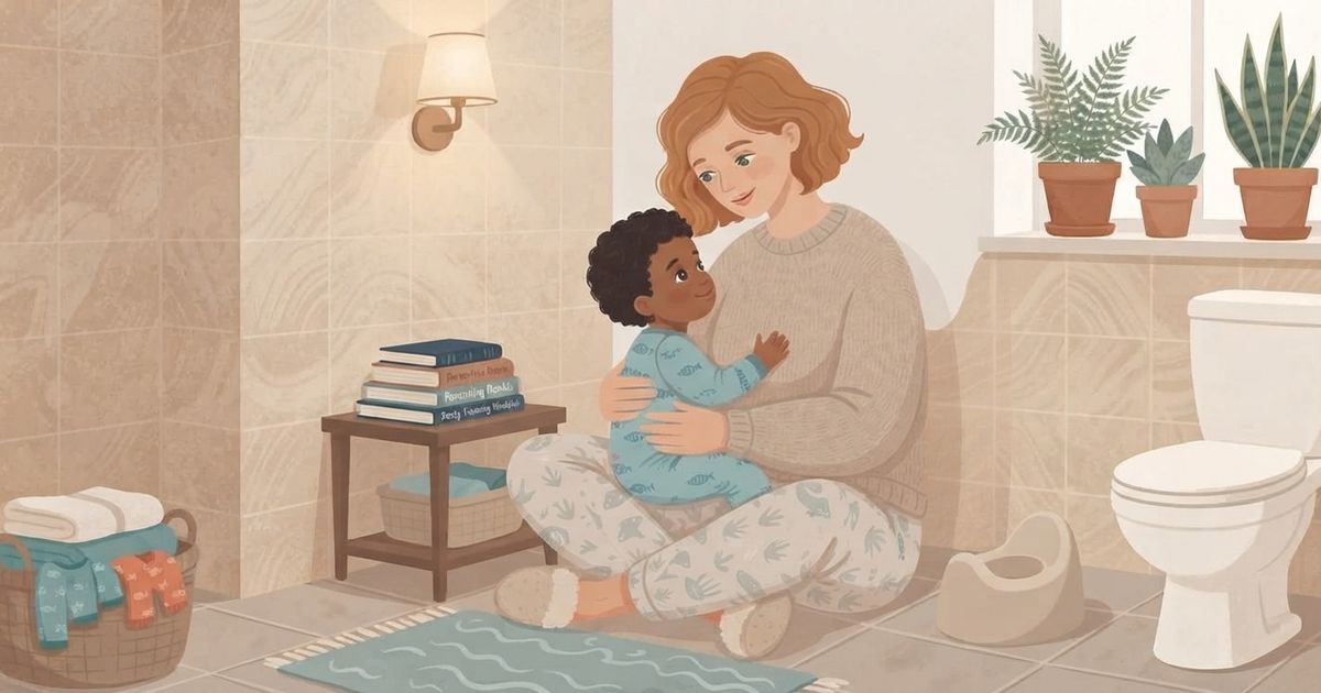 An illustration of a mother and toddler sitting on a bathroom floor. The mother, with short ginger hair, wears a cream sweater and patterned light-blue pajama pants. She holds a Black toddler in her lap, who is also wearing a matching patterned light-blue onesie. They are looking at each other, smiling. Next to them is a small stool with a stack of books, a basket of towels, potted plants on a windowsill, a sink, and a toilet. The style is gentle and illustrated, with warm colors.
