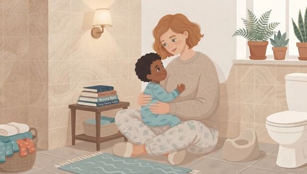 An illustration of a mother and toddler sitting on a bathroom floor. The mother, with short ginger hair, wears a cream sweater and patterned light-blue pajama pants. She holds a Black toddler in her lap, who is also wearing a matching patterned light-blue onesie. They are looking at each other, smiling. Next to them is a small stool with a stack of books, a basket of towels, potted plants on a windowsill, a sink, and a toilet. The style is gentle and illustrated, with warm colors.