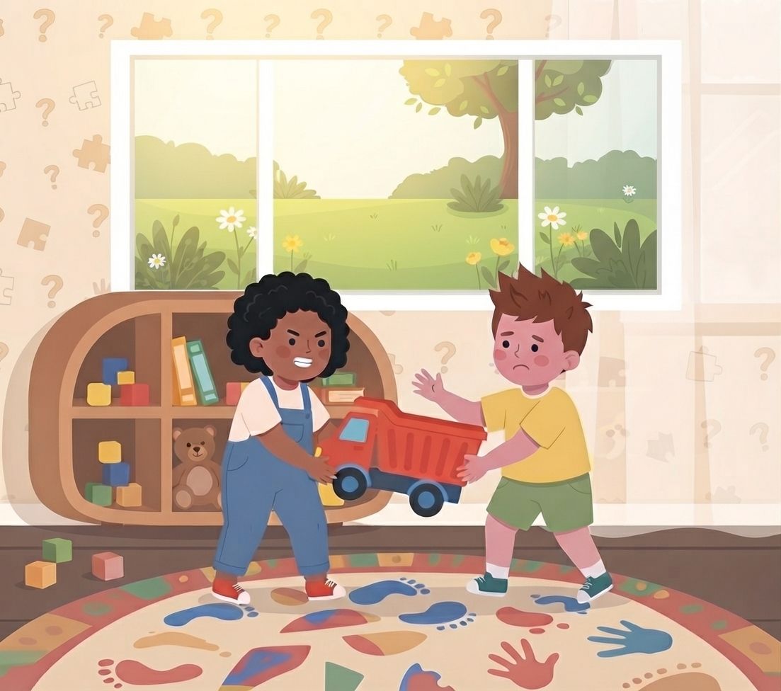 A flat vector illustration of a child's playroom with a large window looking out onto a simple, sunny green lawn with a tree and a few scattered white flowers. In the foreground, two toddlers are standing on a colorful patterned rug and arguing over a red toy dump truck; a child with curly black hair in blue overalls firmly holds one end of the truck with an intense expression, while a child in a yellow shirt and green shorts holds the other end looking upset. In the background, a low wooden bookshelf is filled with colorful toy blocks and a teddy bear, against a cream-colored wall patterned with question marks and puzzle pieces. The overall style is warm, graphic, and playful.